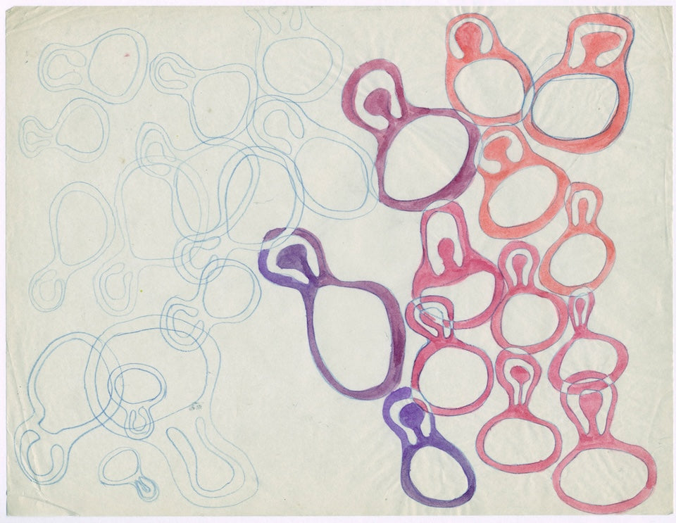 Das Aquarellbild „Dancers“ (1948) von Ruth Asawa: Eine bunte Komposition aus farbigen Figuren und feinen Umrissen, die Tänzerinnen symbolisieren.