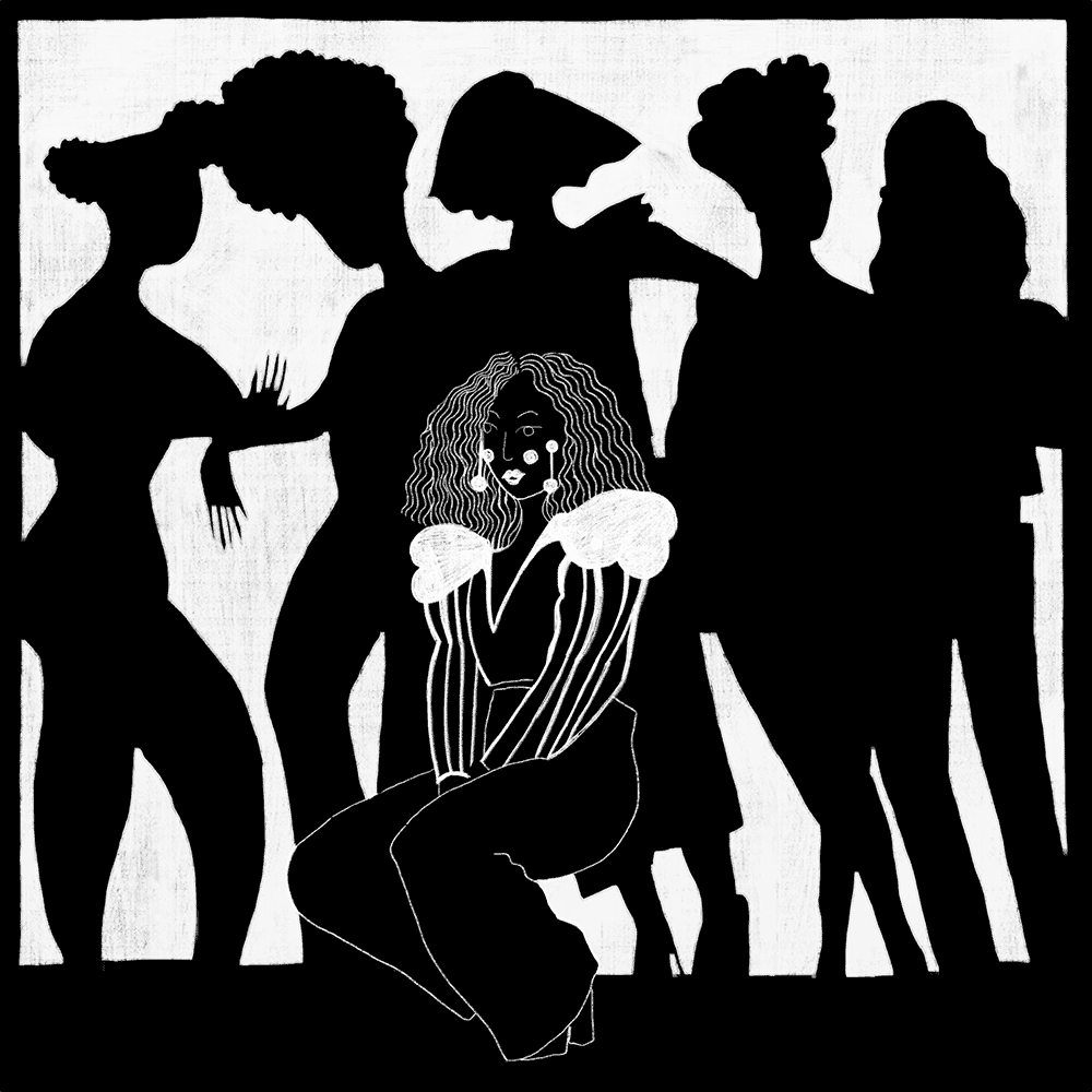 schwarz-weiss gif mit einer illustration von sechs frauen, die gemeinsam posieren